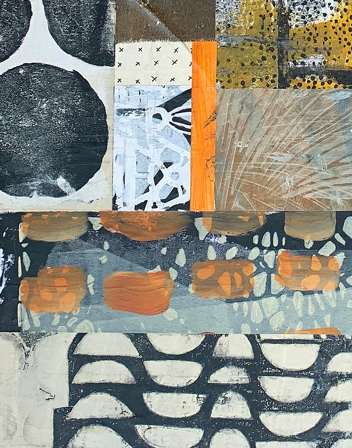 An abstract mixed-media collage artwork featuring textured blocks of black, white, orange, beige, gray, and yellow with organic shapes, dotted patterns, and brushstrokes.