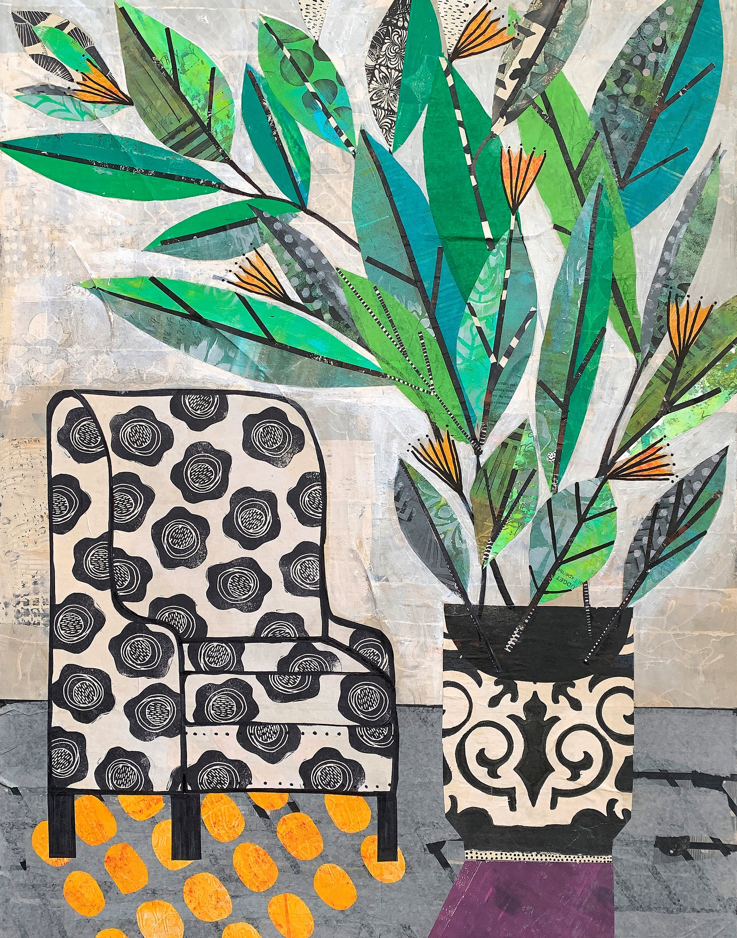 A stylized mixed-media artwork showing a patterned armchair beside a potted plant with green and teal leaves, orange flower-like accents, and a beige-and-black ornamental pot on a textured gray background.