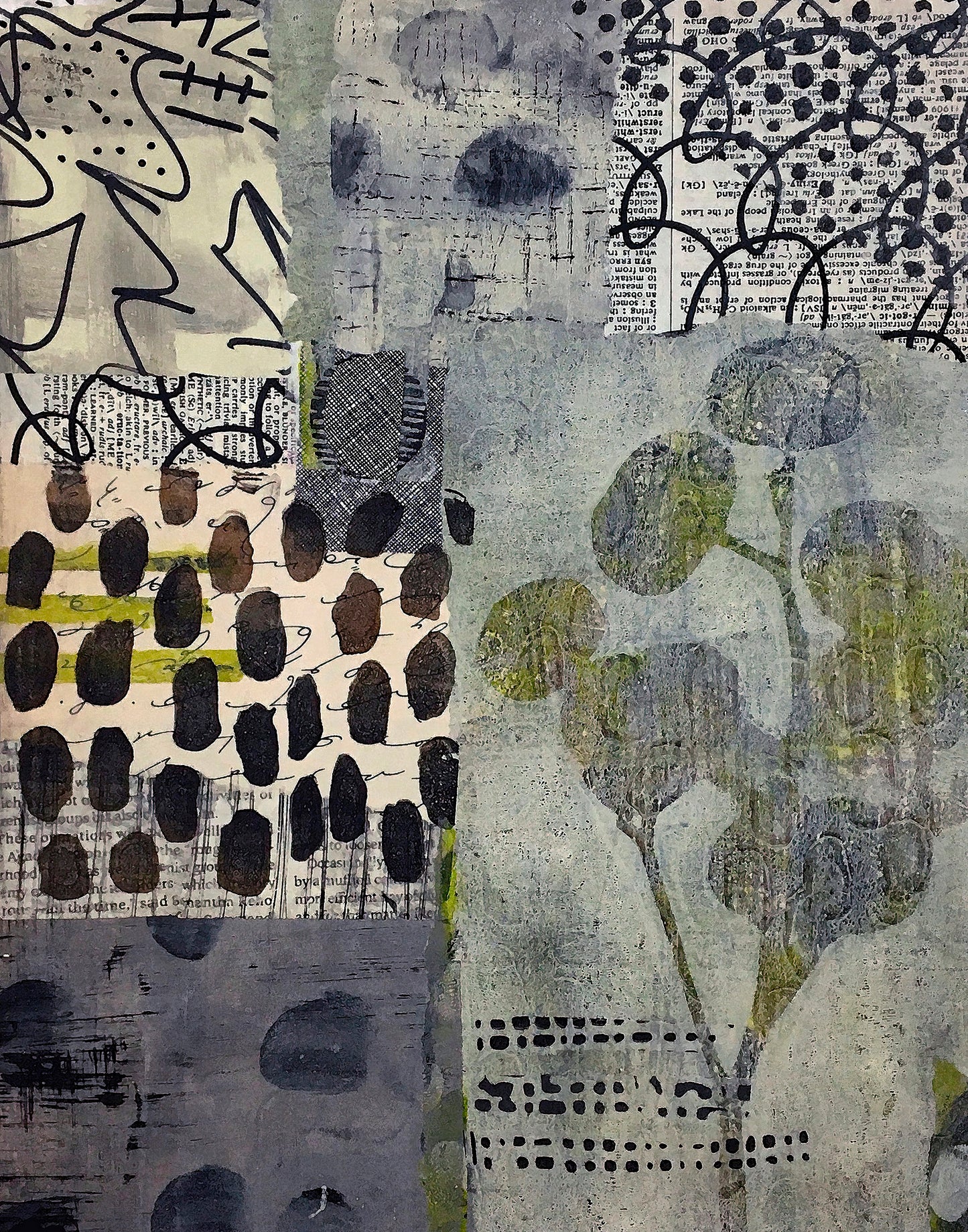 Abstract mixed-media painting with layered textures, black ink-like scribbles and dots, gray and off-white fields, and muted olive-green leafy forms.