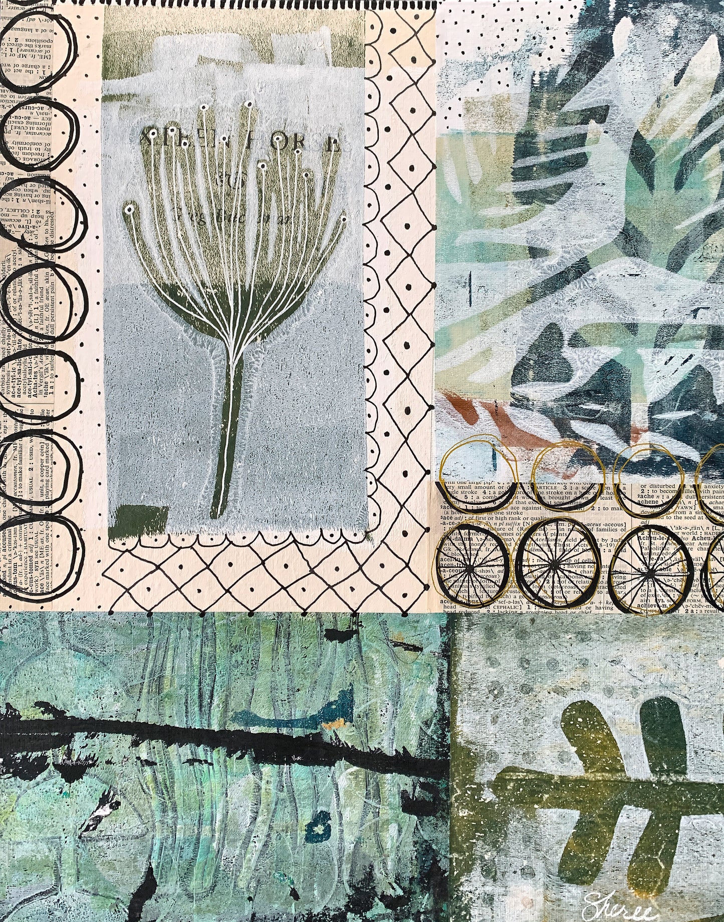 A mixed-media collage artwork featuring botanical illustrations, vintage book pages, geometric patterns, and textured paint blocks in muted green, beige, black, and gray tones.
