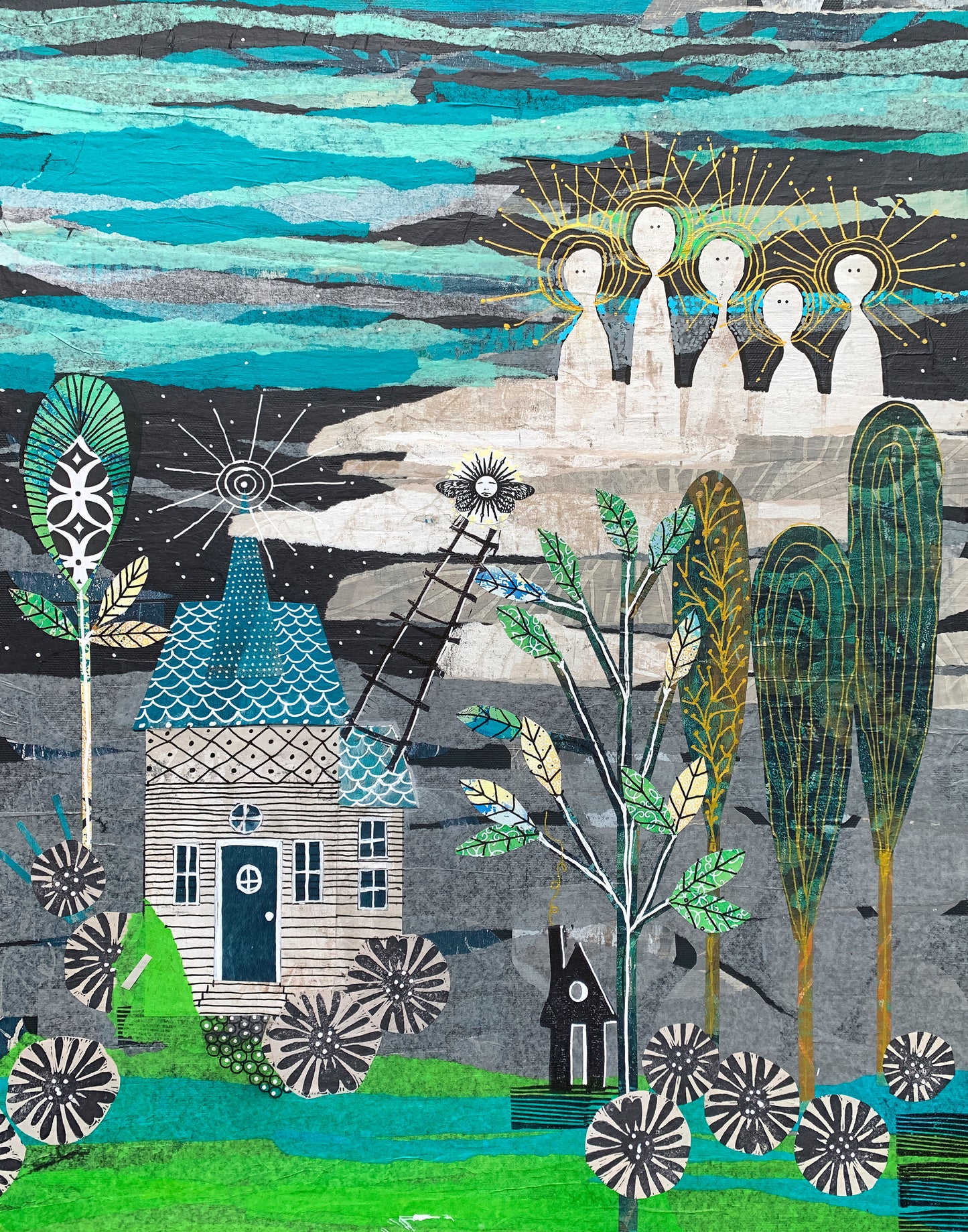 A stylized folk-art scene with a small house, tall patterned trees, a ladder, a windmill-like structure, and several haloed figures under a layered sky. The artwork uses teal, blue, green, black, white, gray, and gold tones.