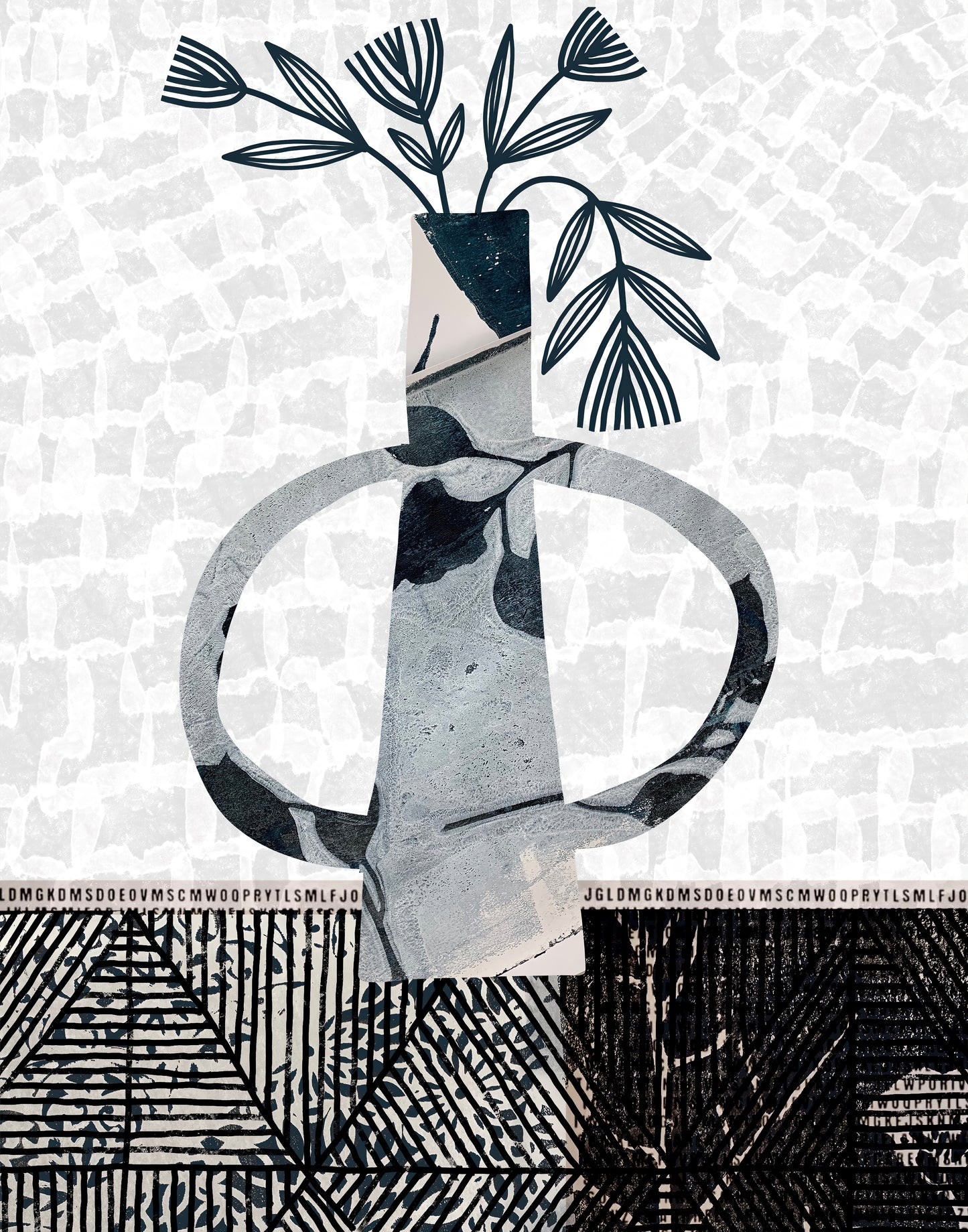 Abstract collage-style artwork featuring a stylized vase with leafy branches, rendered in black, white, and gray with textured paper and graphic pattern elements.