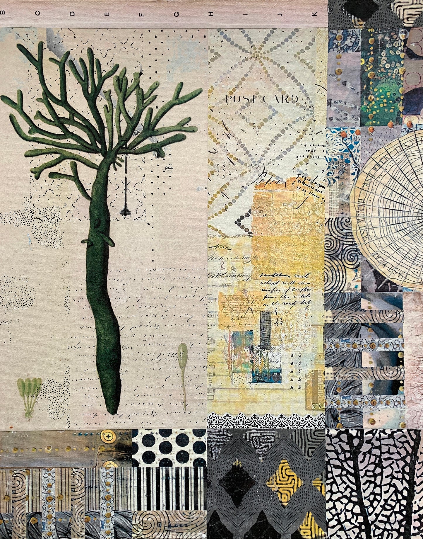 A square mixed-media collage artwork featuring a dark green tree-like silhouette on the left, with patchwork panels of beige, cream, gray, black, and muted blue patterns and textures filling the frame.