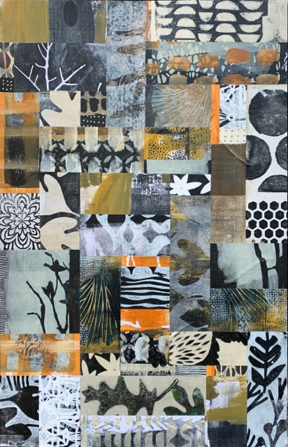 Patchwork of various botanical patterns and colors on a textured surface