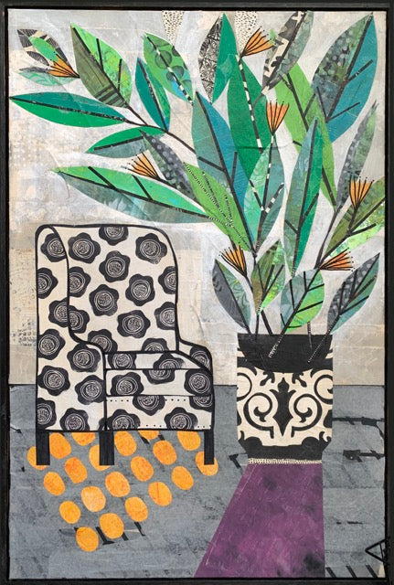 Artistic depiction of a chair, vase with plants, and abstract elements on a textured background