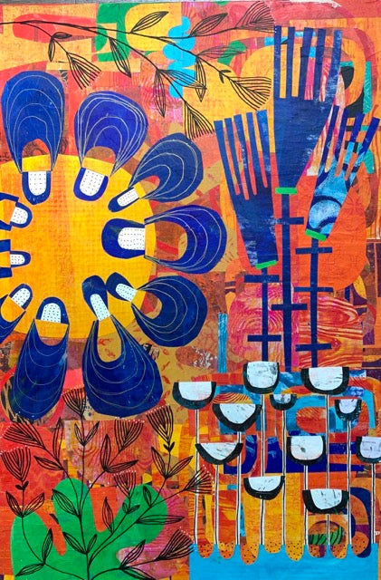 Colorful abstract Rex Ray inspired artwork with purple and orange elements