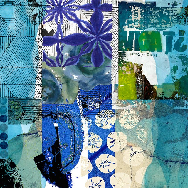 Collage of abstract patterns in blue, green, and white