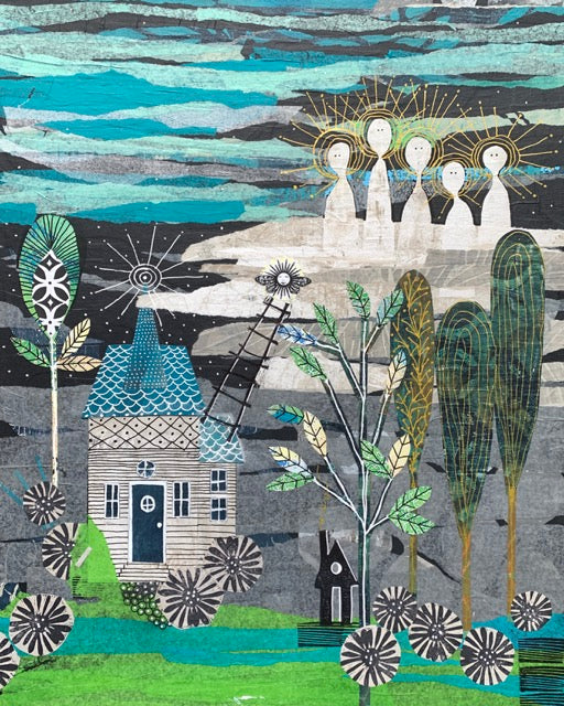 Artistic depiction of a house, trees, and afterlife spirit beings with a stylized landscape.