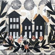 Decorative folk art collage with black birds, houses, and plants on a beige background