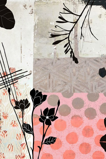 Abstract art piece with black floral shapes on a textured background
