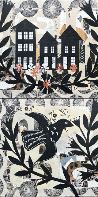 Artistic depiction of houses and a bird with floral elements