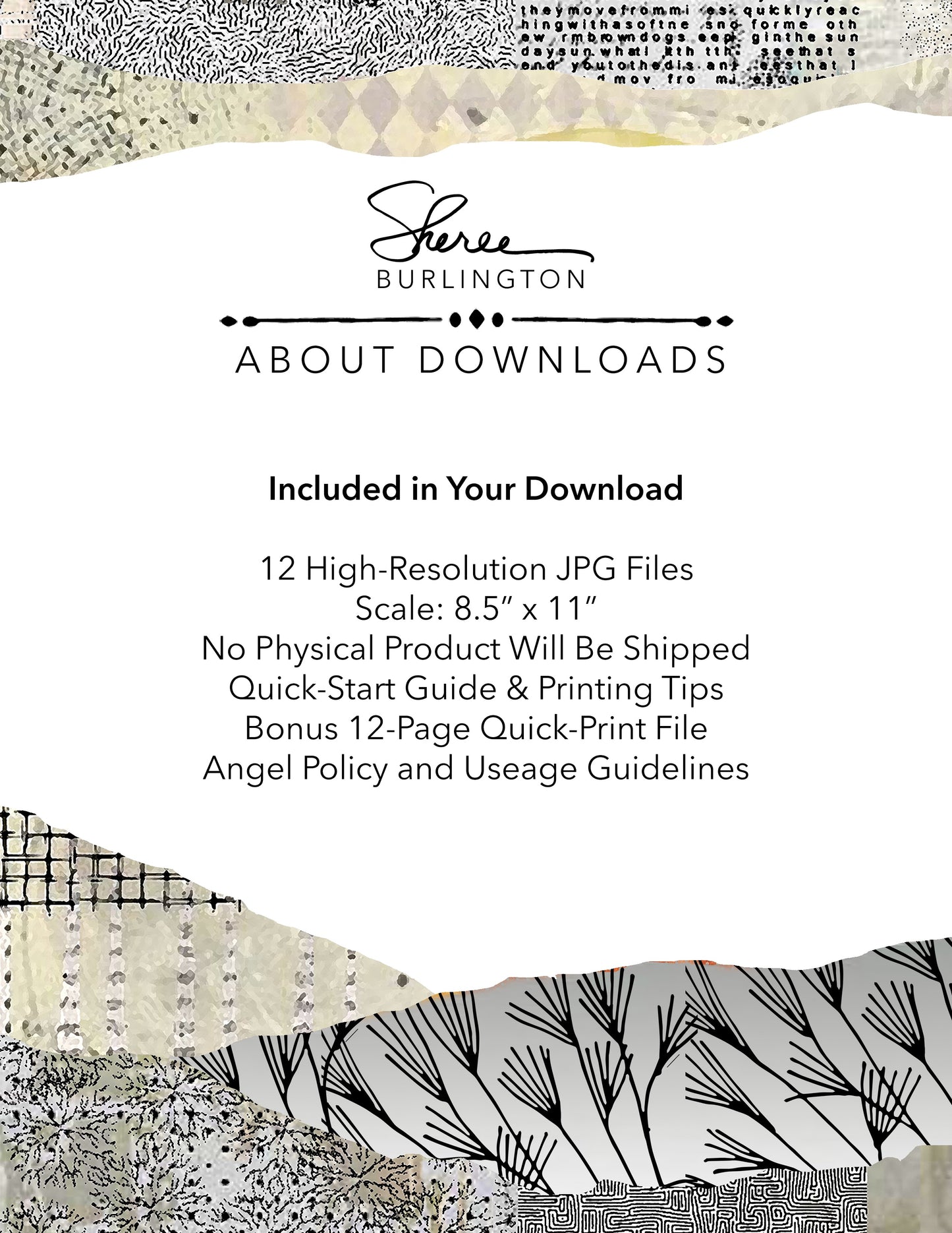 Sheet of paper with text about downloads and design files, featuring a decorative border.