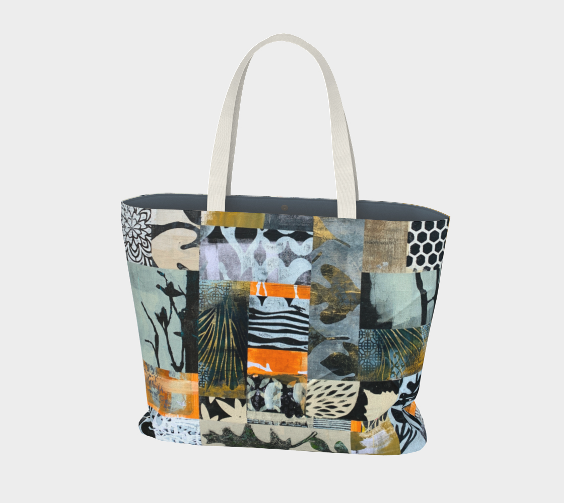 Tote bag with a colorful patchwork design on a light gray background