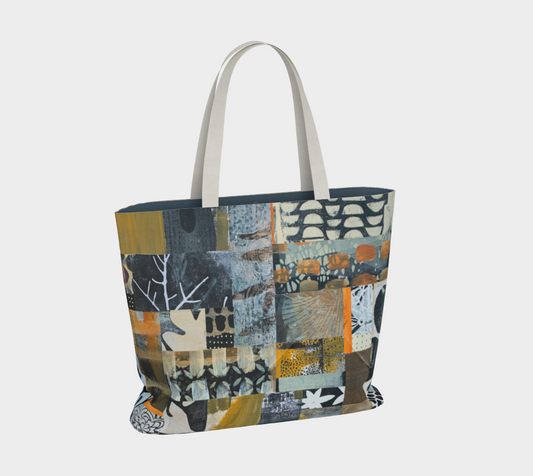 Tote bag with abstract pattern on a light gray background