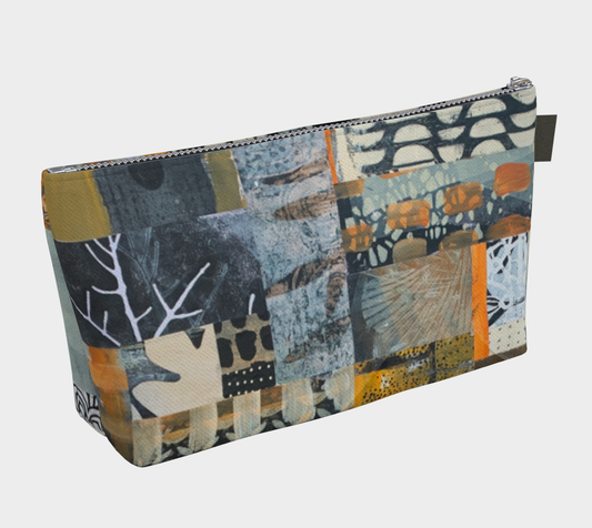 Patterned pouch with a mix of colors on a white background