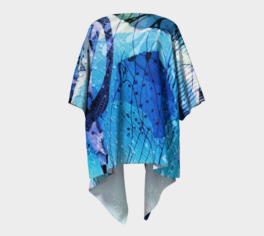 Blue Lagoon – Abstract Nature-Inspired Draped Kimono Shawl