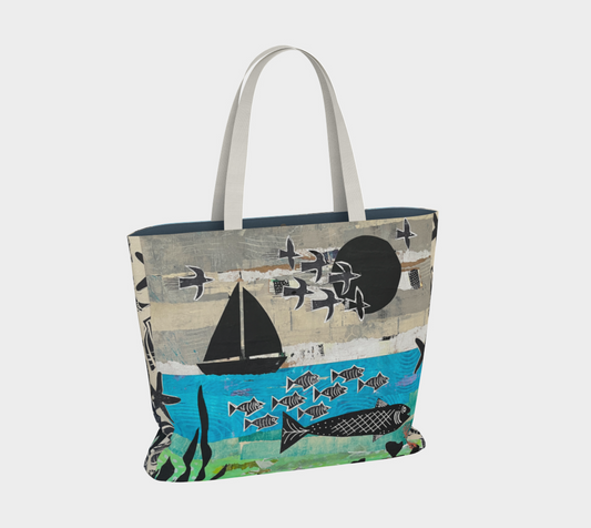Tote bag with nautical design featuring sailboats and fish on a white background