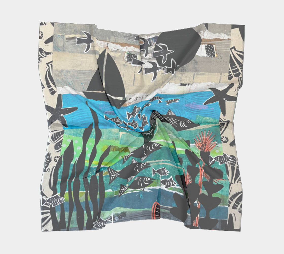 Scarf with underwater-themed design featuring fish and plants on a white background