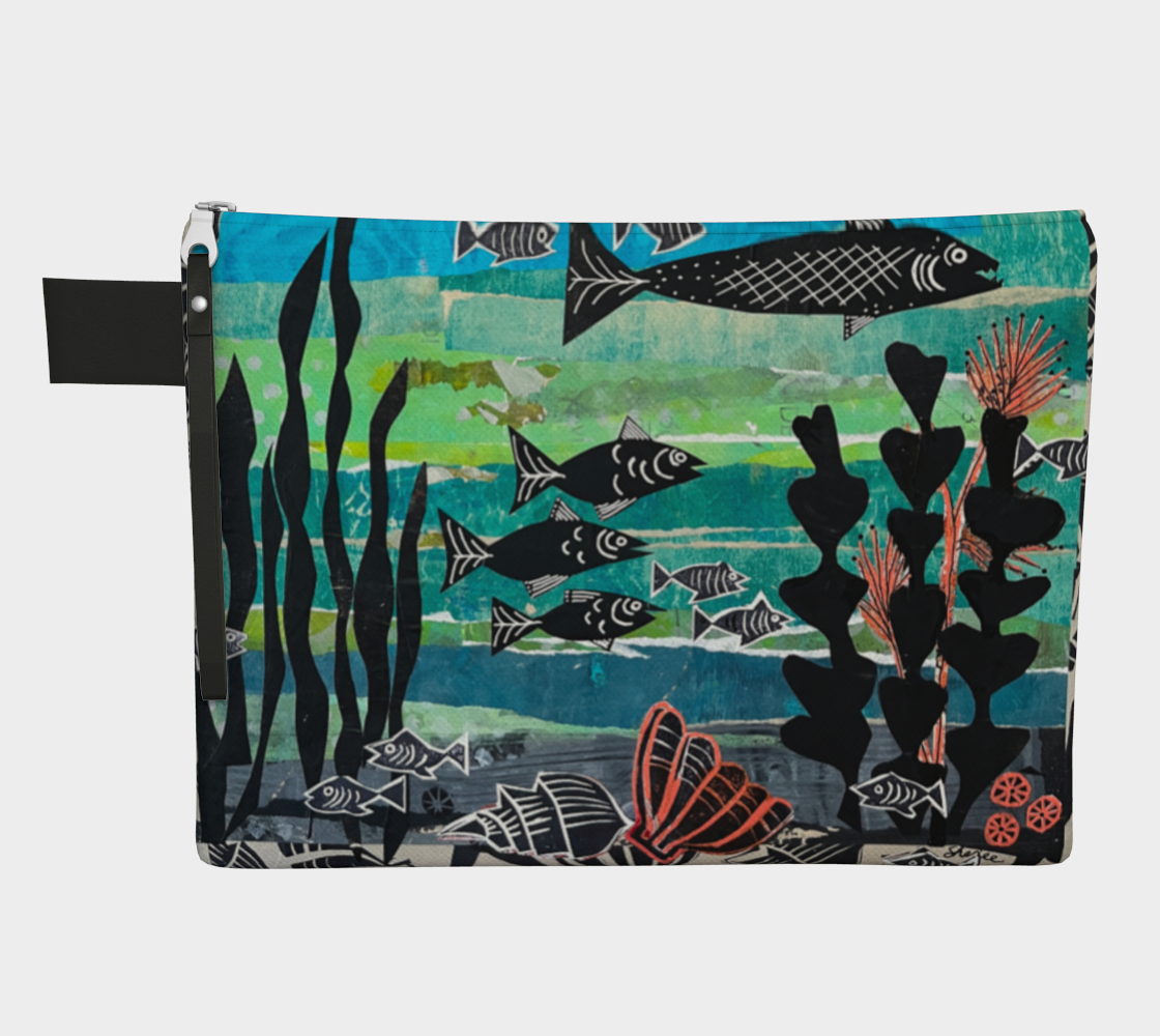 Fabric pouch with underwater scene design featuring fish and plants on a white background