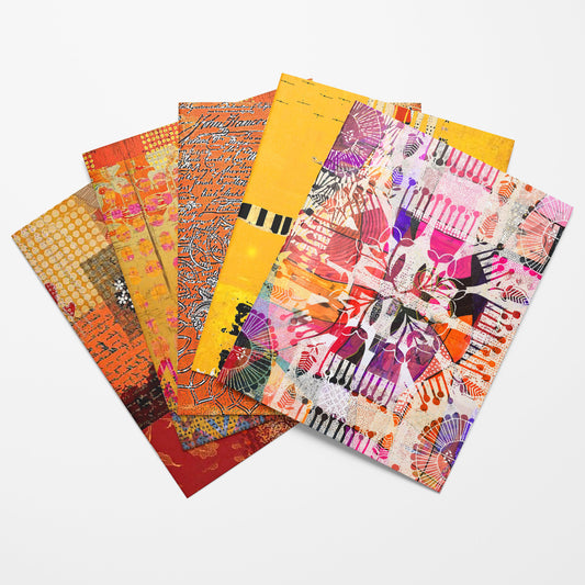 A fan-like arrangement of six patterned paper sheets in warm tones, including yellow, orange, red, pink, and purple, photographed on a light gray background.
