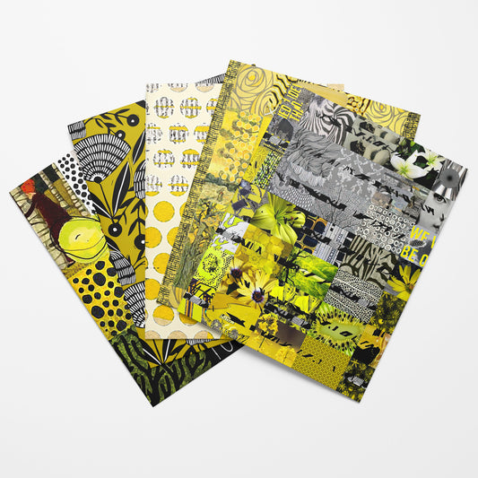 A set of five patterned art prints fanned out on a light gray background. The prints feature vibrant yellow, black, white, and green abstract designs, including floral, geometric, and zebra-like motifs.