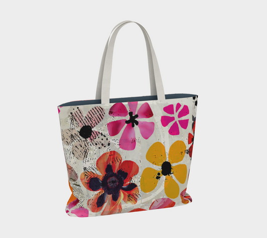 Colorful floral tote bag on a white background