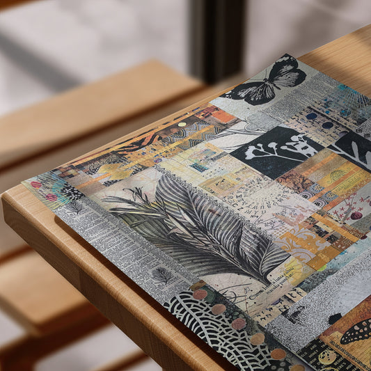 A rectangular placemat with a detailed collage pattern featuring butterflies, tropical leaves, and vintage-style text in black, gray, beige, and muted orange, displayed on a light wood table.