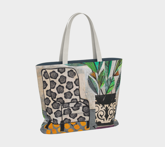 Colorful tote bag with abstract patterns on a light gray background