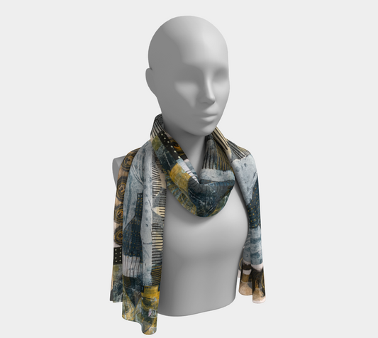 A long scarf with a geometric pattern displayed on a mannequin. The scarf has a mix of warm and cool colors, with a visible print on the back side.