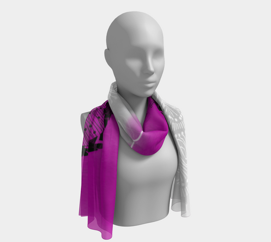 Mannequin wearing a bright pink scarf with black patterns on a white background