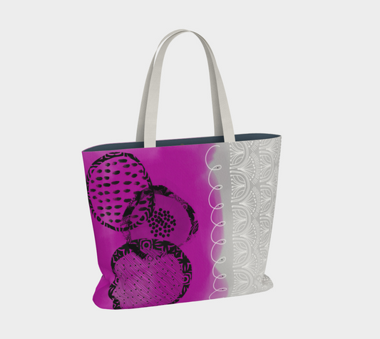 Tote bag with purple and white design on a light gray background