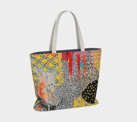 Colorful tote bag with abstract pattern on a light gray background
