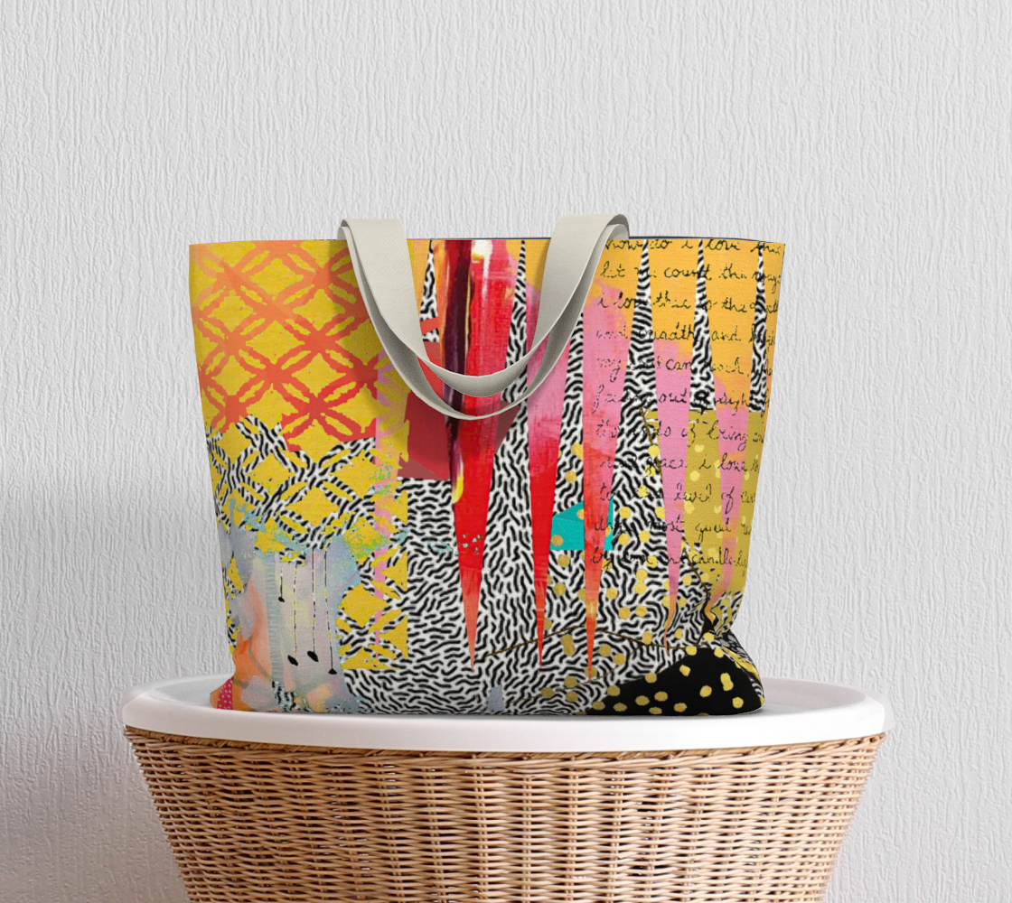 Colorful tote bag with abstract patterns on a white surface