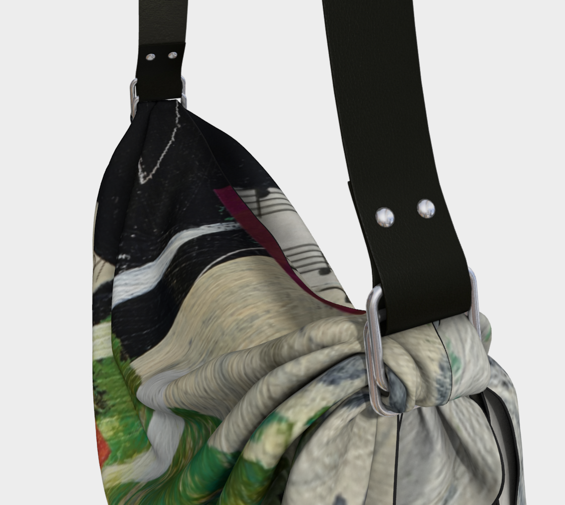 Sling bag with artistic design on a plain background