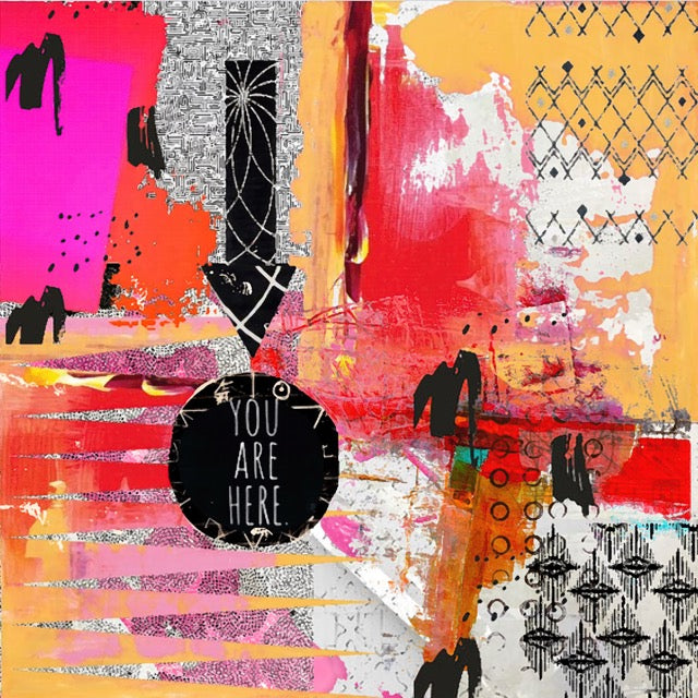 Abstract art piece with colorful patterns and 'YOU ARE HERE' text