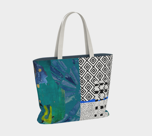 Tote bag with a mix of abstract and geometric patterns on a white background