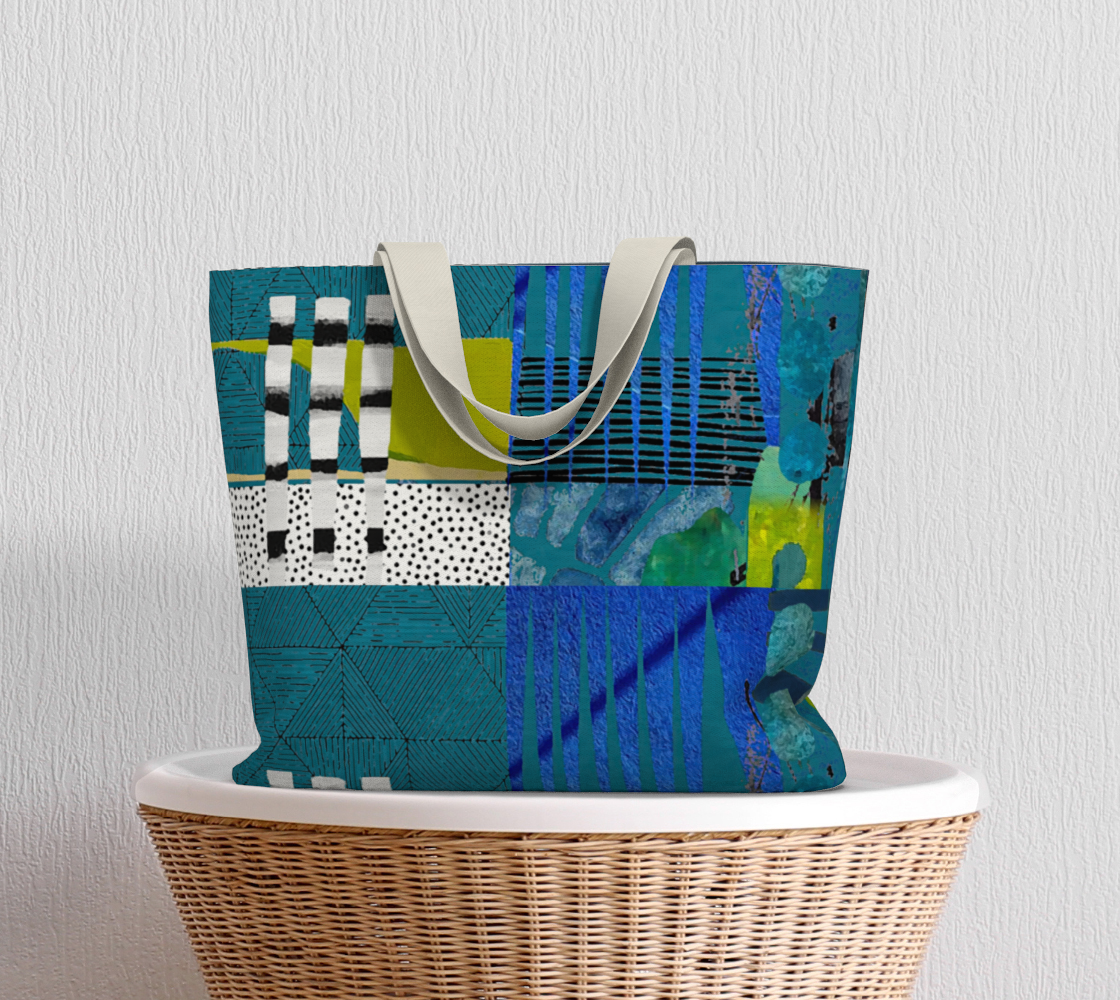 Colorful patterned tote bag on a wicker chair against a light gray background