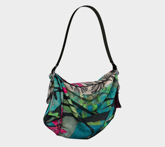 Colorful handbag with a floral pattern on a white background