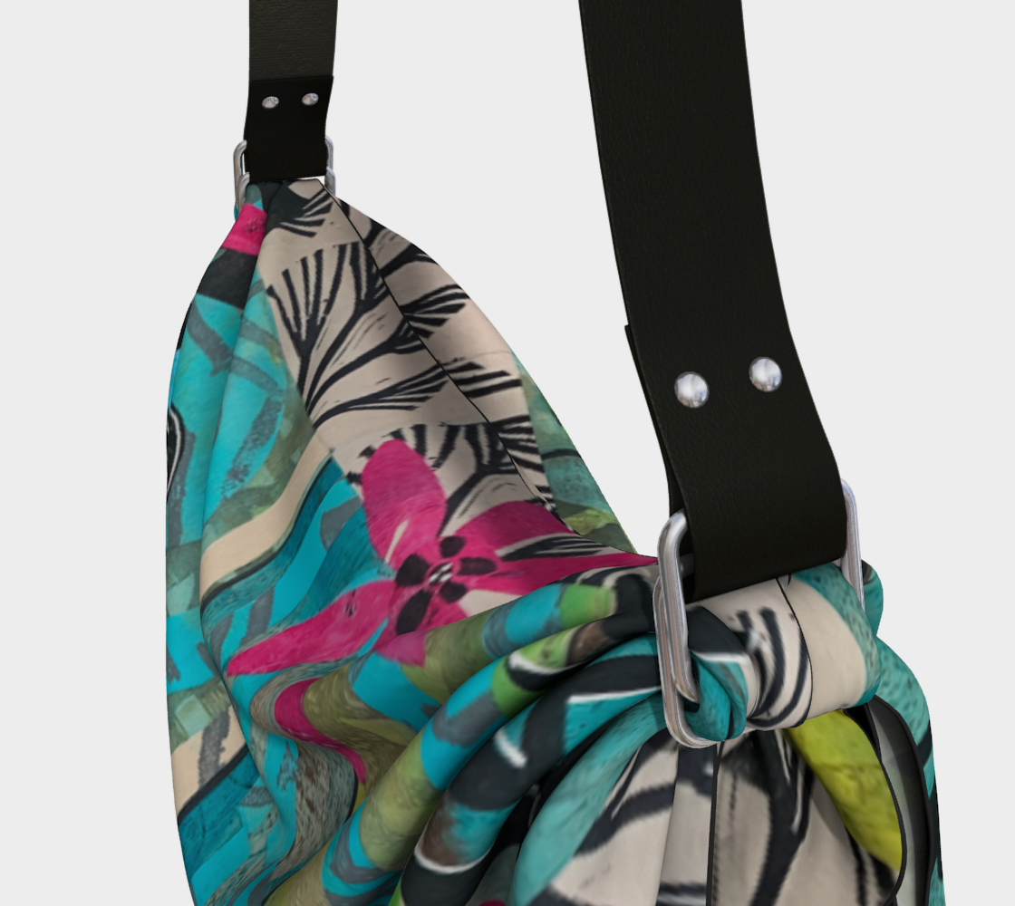 Floral-patterned bag with a black strap on a white background