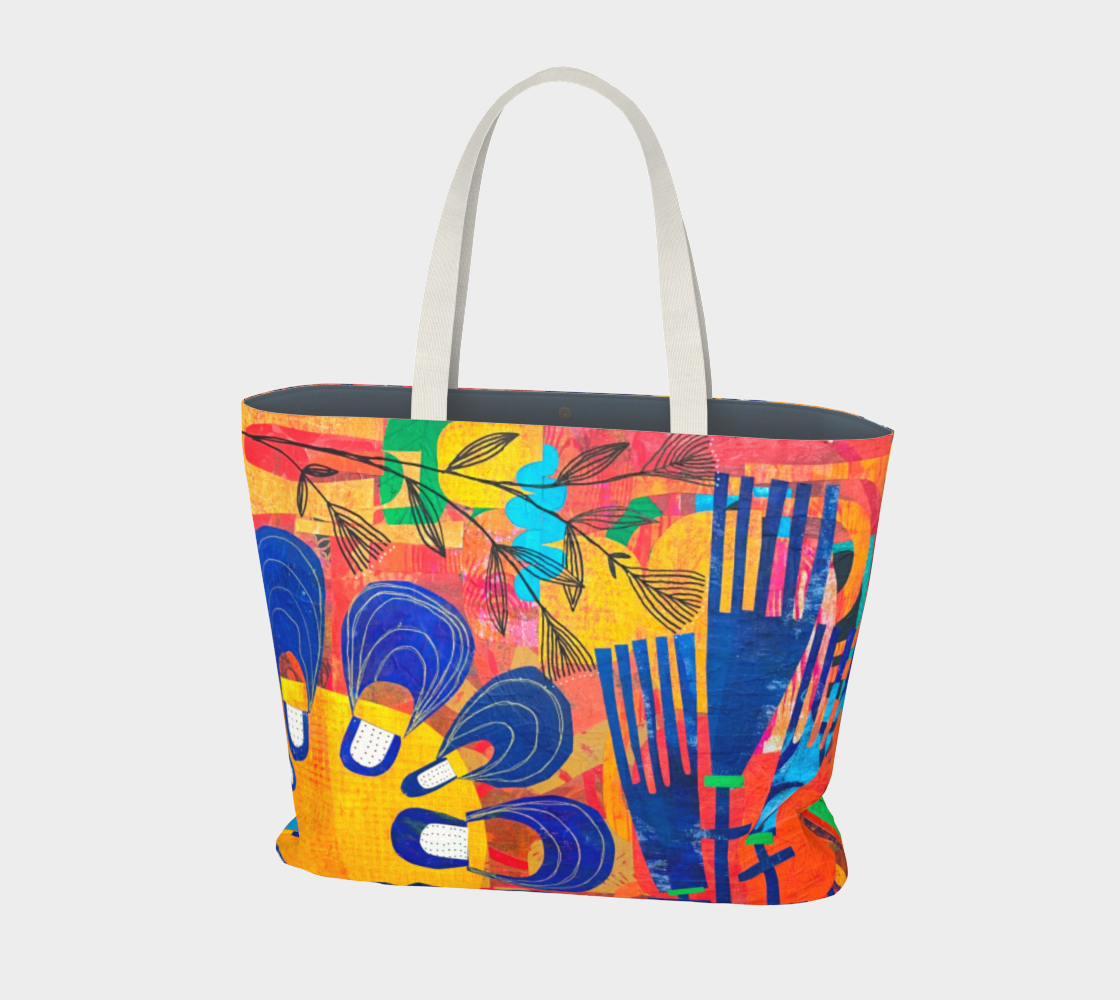 Colorful tote bag with abstract patterns on a yellow background