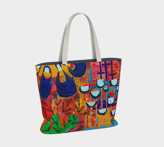 Colorful tote bag with abstract design on a yellow background