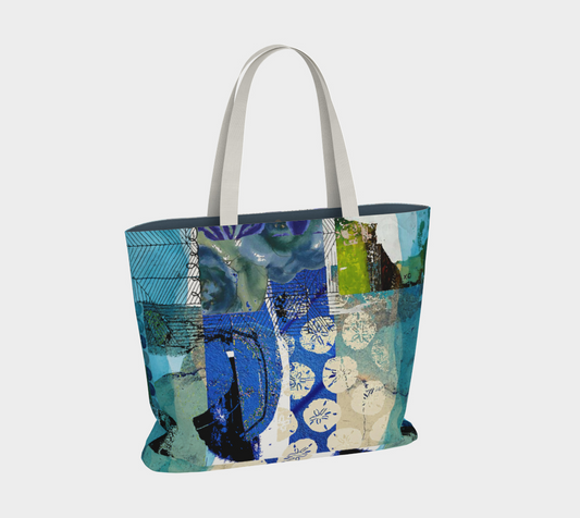 Colorful tote bag with abstract design on a white background
