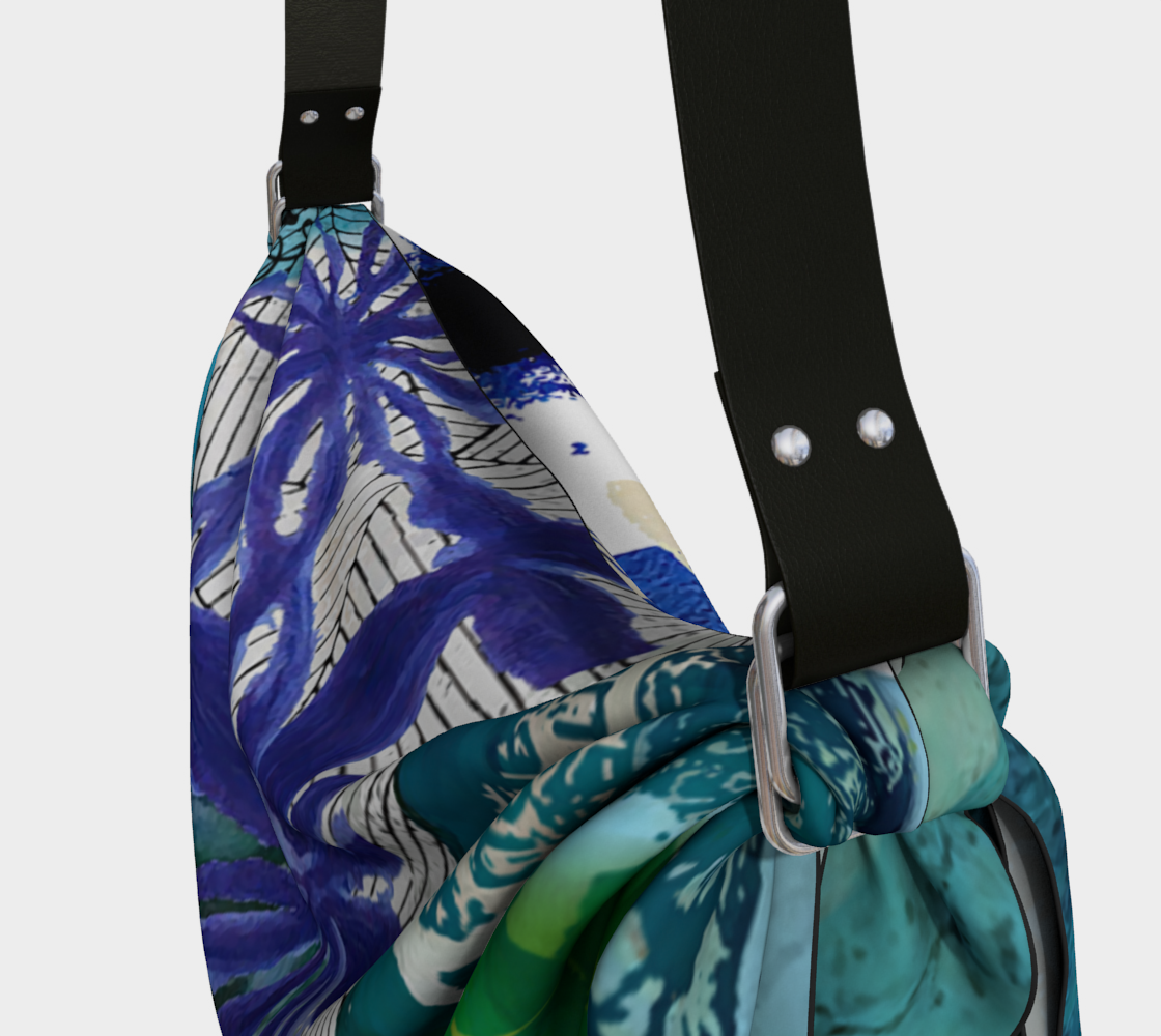 Multicolored sling bag with floral pattern on a light gray background