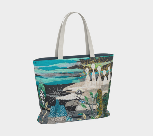 Tote bag with artistic design on a white background