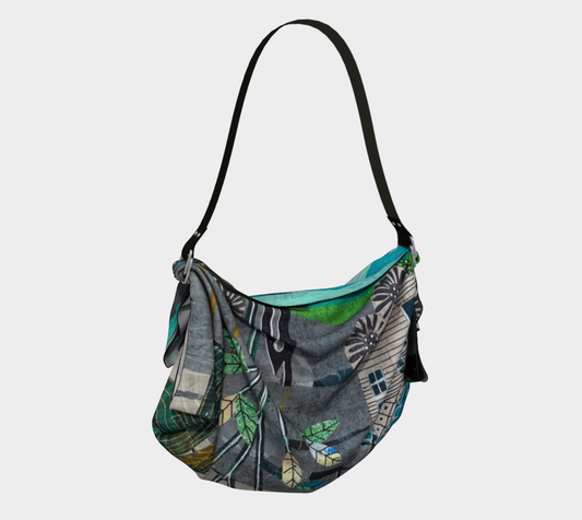 Multicolored patterned handbag on a light gray background