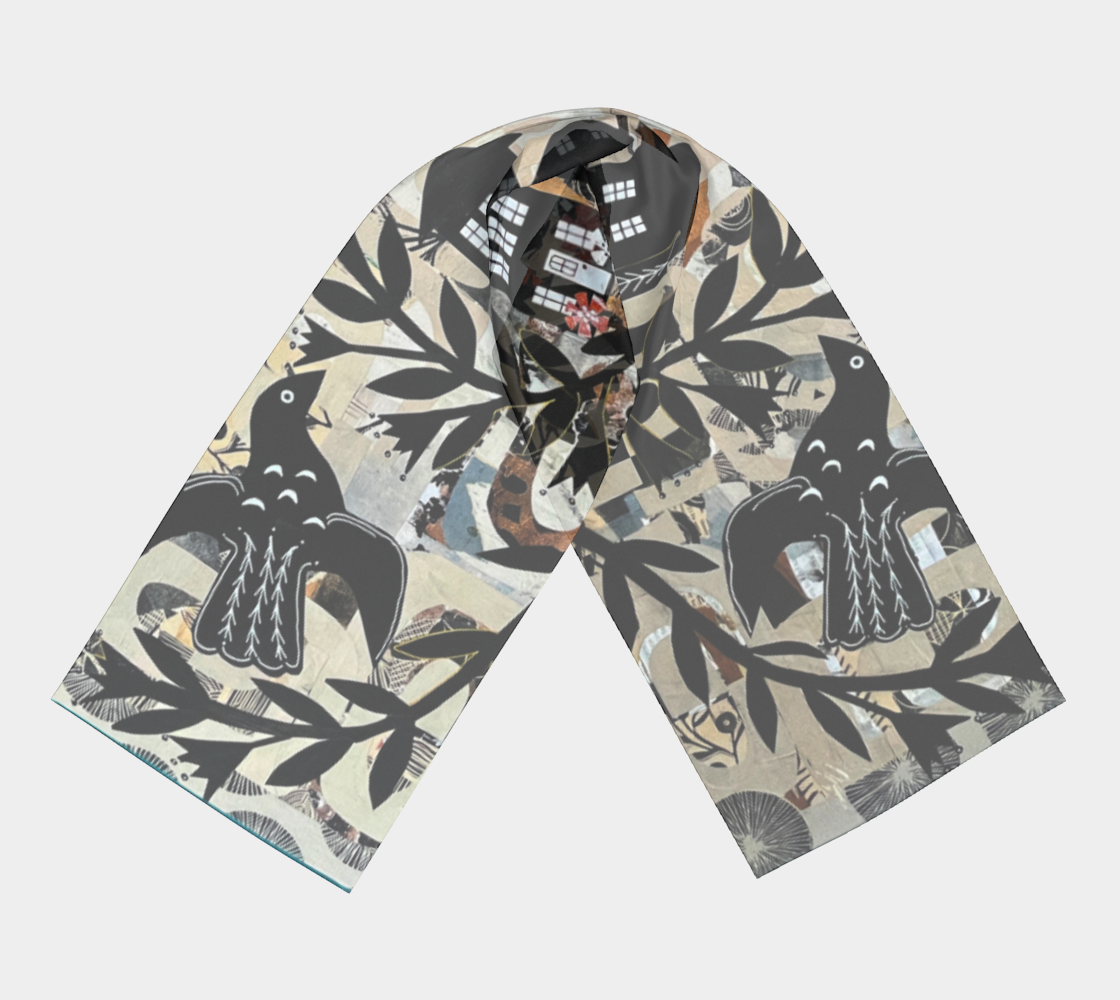 Scarf with bird and leaf pattern on a light gray background