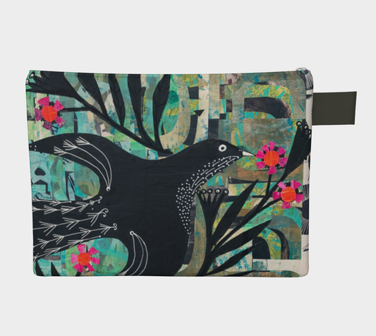 Pouch with a black bird design on a colorful background