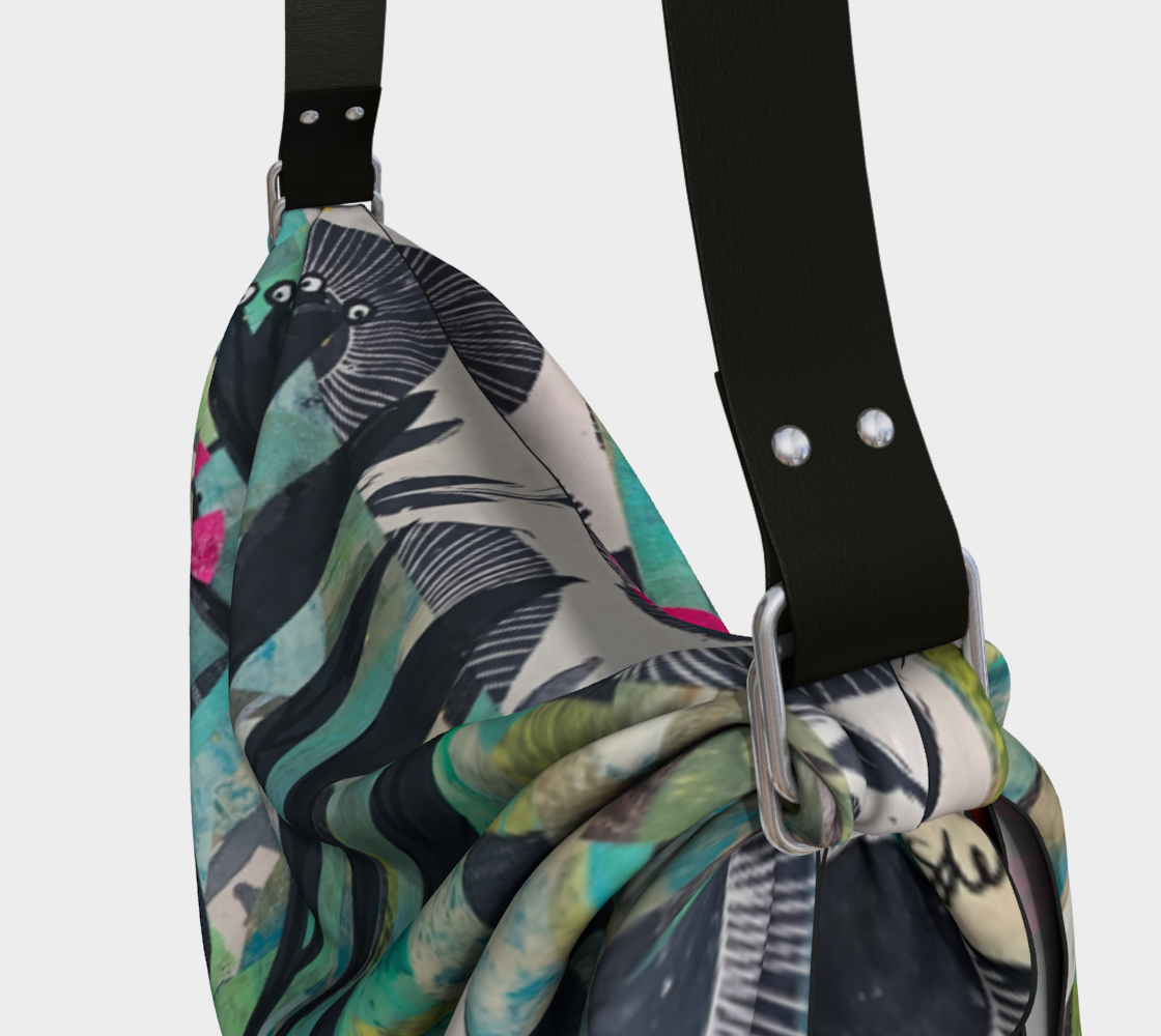 Floral patterned sling bag with black straps on a light gray background