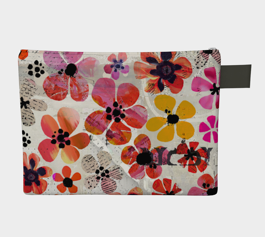Floral patterned pouch with colorful flowers on a white background