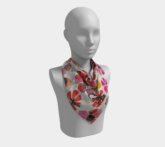 Mannequin wearing a floral patterned scarf on a white background